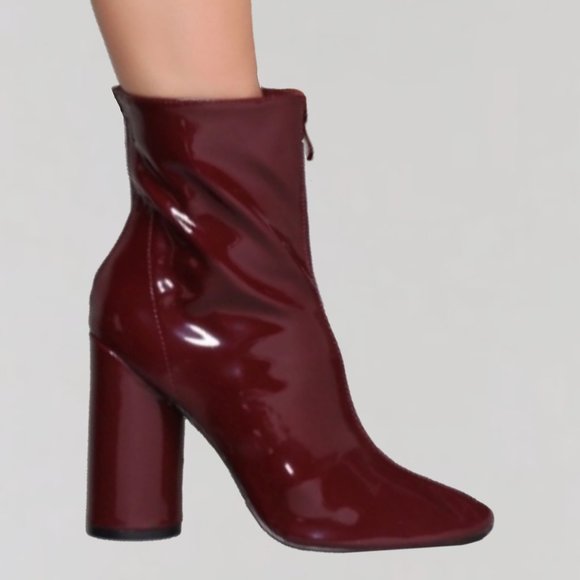 NEW Zara Red Wine Faux Patent Leather Round High Heel Ankle Boots Booties - Picture 1 of 12